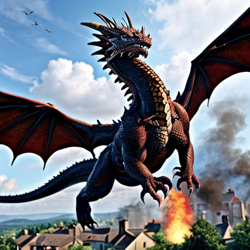 Draw me a mythological dragon flying through the sky above a village, breathing fire on the houses