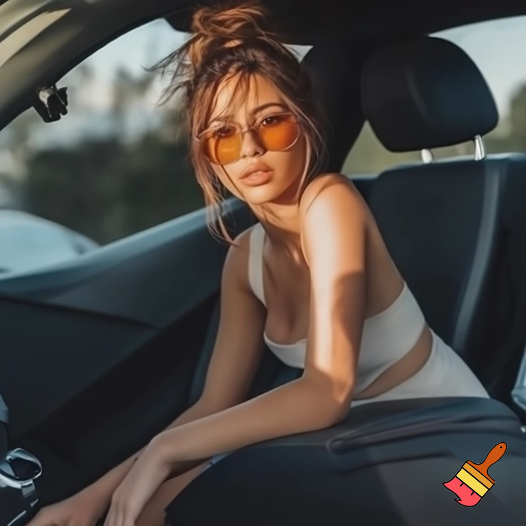Prompt 👉 A candid lifestyle photograph of a confident young woman sitting in the front passenger seat of a modern car. She is leaning bend slightly toward the center console, revealing her full cleavage, wearing a minimal summer outfit and oversized amber-tinted sunglasses. Her hair is styled in a casual messy bun with loose strands framing her face. Natural daylight streams through the car windows, creating soft highlights on her skin and subtle shadows inside the car interior.