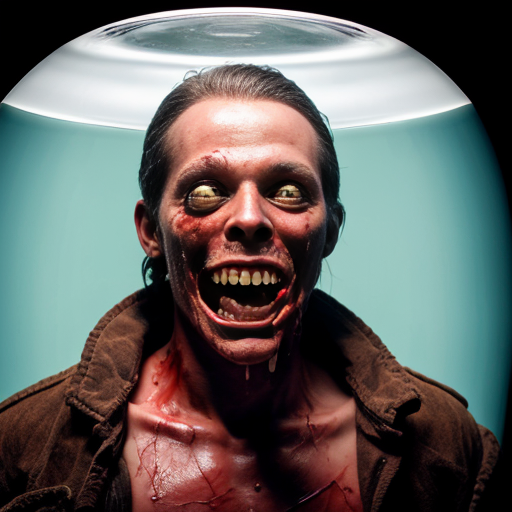 Realistic photographic portrait of a young man in a light green button-up shirt, standing outdoors under a clear bright blue sky, holding a large round transparent glass fishbowl directly in front of his face covering it completely, inside the fishbowl is a grotesque horrific exploded human head made of raw bloody flesh, exposed muscles, dripping viscous fluids and blood, prominent human teeth in a wide open screaming mouth, multiple large bulging bloodshot human eyeballs floating and attached unnaturally, strings of veins and nerves, glistening wet meat textures, hyper-detailed practical special effects makeup and prosthetics style, visceral body horror, photorealistic, sharp focus, natural daylight, high resolution, 8k, RAW photo