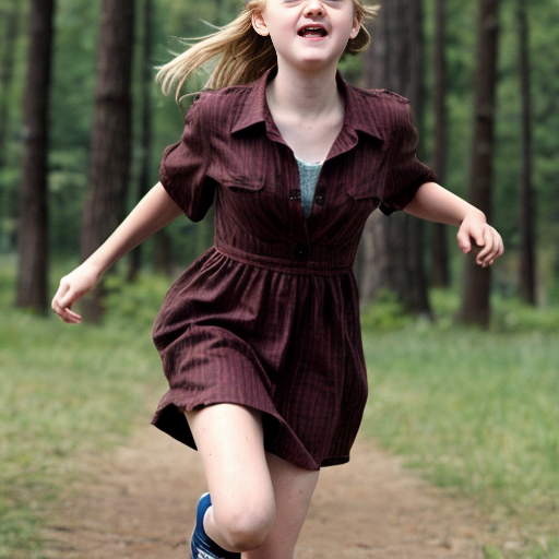 Dakota Fanning, young actress, her dress is torn, she is running through a wood, her breast is exposed, her sister Elle Fanning is running with her, close up shot