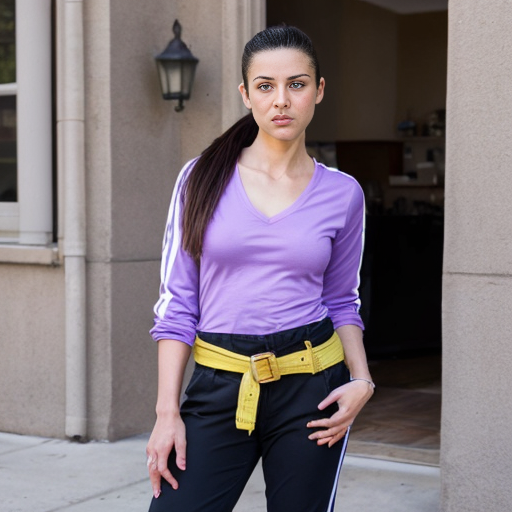 Generate a real life version of Aviva is a slender, young Hispanic woman in her 20s and above average height; she has long and bushy, armpit-length brown hair that she always ties back in a low ponytail, green eyes (with a slight grayish tinge), and tan skin. She usually wears a V-neck purple shirt and a yellow collared jacket with a blue stripe running down both of the sleeves, her pants are blue bell bottoms held by a black slim belt with a grey bolt on it, worn crookedly around her waist, and purple and white low-top sneakers.