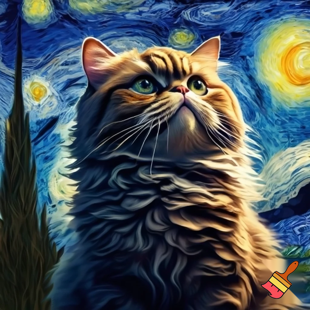 a cat painted into the foreground of the
 starry night