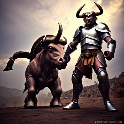 Minotaur fighting men in armor
