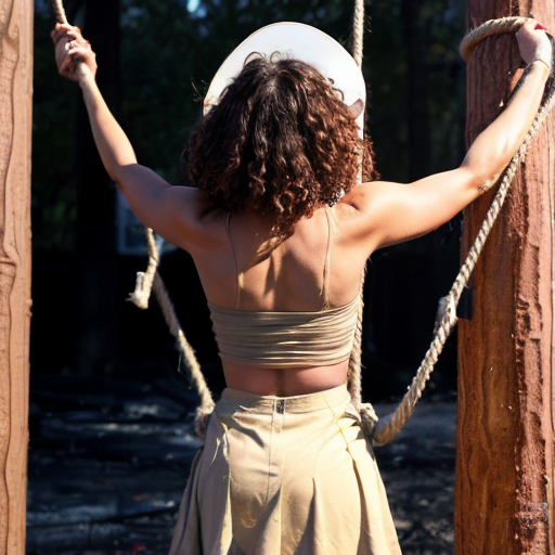 Actress Nia Longhas a 14 inch  long curly hair naked wear a light beige skirt arms behind back to the pole ,tied up by ropes background screaming burned at the stake fire