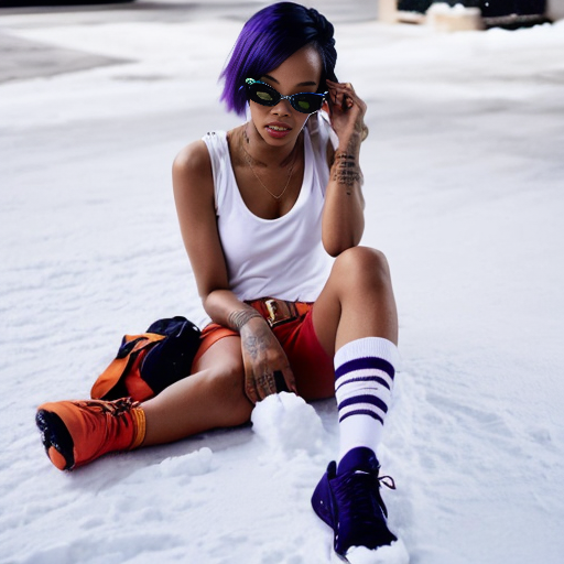Rihanna orange tanktop belt blue short jeans purple socks orange and white sneakers on a sitting Snow 