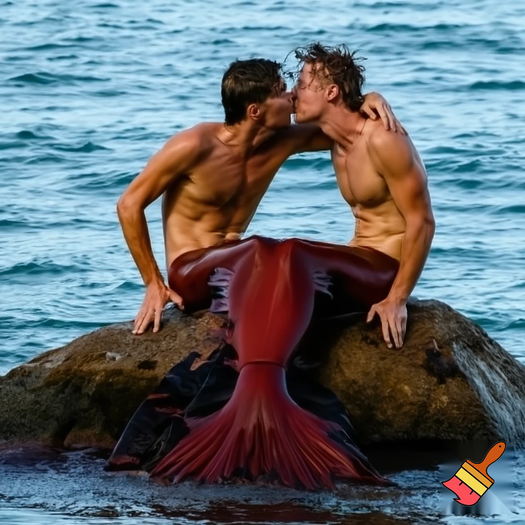 Outdoor photo of realistic shot of two caucasian mermen sitting together on a rock in the middle of the ocean, with one merman having his arm around the other. Their bodies are toned and muscular, with narrow waists and wide shoulders. They have short wet and messy hair. Their bodies are dripping wet. Their waists merge seamlessly into long, deep scarlet fish tails with large frilly fins. They are looking into each others eyes. They are kissing.