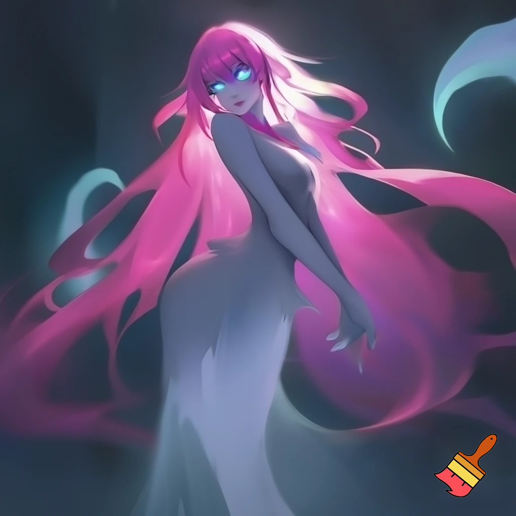 Anime  girl with long pink hair, curves, ghost outfit, glowing eyes