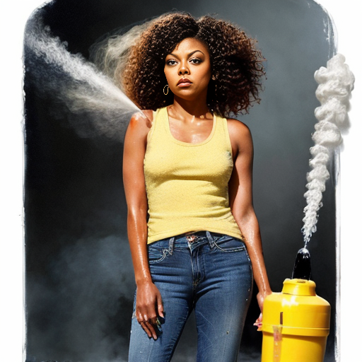 Taraji P. Henson as an FBI one beige fur jacket and yellow beige tank top red and yellow dots and blue jeans with long curly thick hair 20th Century Fox spray sprinkling water TNT stone smoker *punch*



