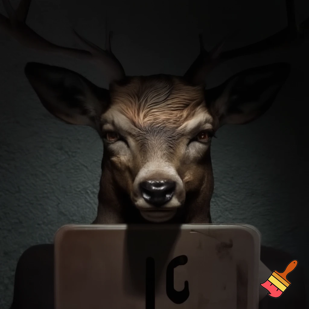 picture of a mugshot deer with scars and a serious face holding a number board