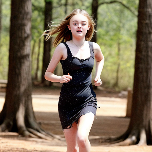 Dakota Fanning, young actress, her dress is torn, she is running through a wood, her breast is exposed
