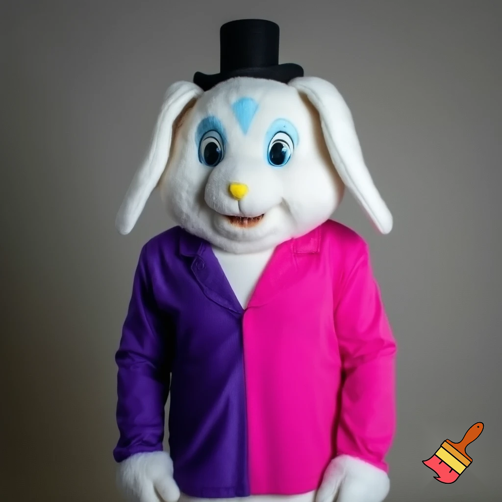 Easter bunny mascot costume top hat a colour face jacket purple and pink