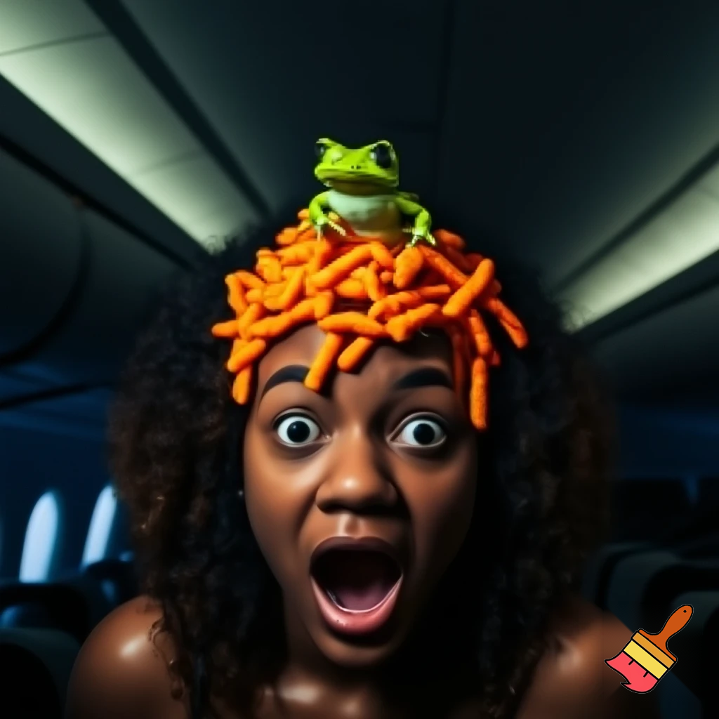a inpoyle in  a plane is sacred of a frog on her head she scram she put hot cheetos on her head