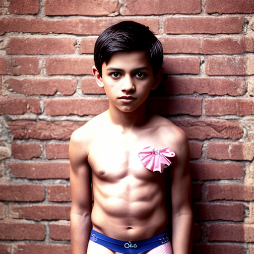 A visibly embarrassed ten year old boy stands outdoors in front of a brick wall in his pink briefs underwear. He is black. 