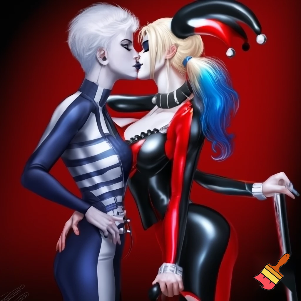 Harley Quinn blonde hair two pigtails blue eyes red black jester outfit kissing Killer frost crystal frost white short hair blue eyes blue dark color bodysuit 