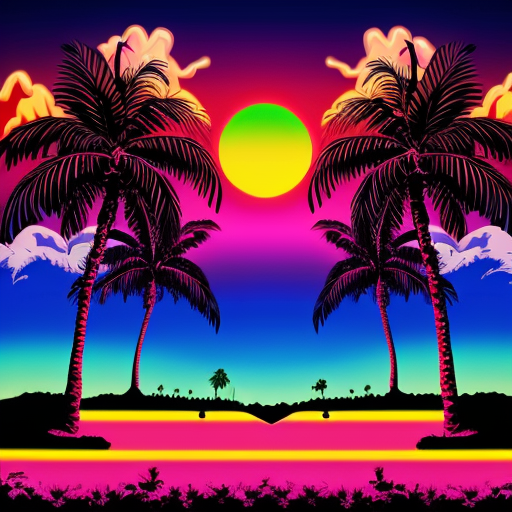 palm tree behind synthwave neon sun