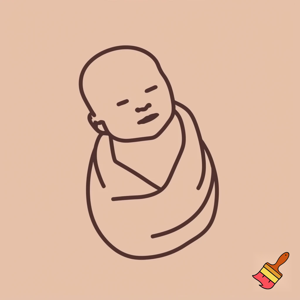 newborn baby wrapped in cloth, very simple flat vector, warm muted palette, clean thin line art, 4:3, single baby only, no background elements, no house, no props.
