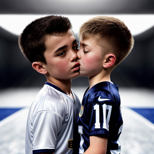  русский мальчик целует белые 🩲 футболиста.  чеченский футболист стоит  боком рядом в кроссовках и белых 🩲, руки на голове мальчика 