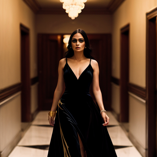 cinematic luxury advertisement, dark elegant hallway interior, marble floor reflecting faint light, sophisticated woman in black evening dress walking forward, long dark hair, confident posture, focus on her right hand wearing a delicate diamond ring glowing softly, the ring is the only light source illuminating part of the hallway, dramatic shadows, high-end jewelry commercial style, photorealistic, shallow depth of field, 85mm lens, luxury fashion cinematography, moody black and gold color palette