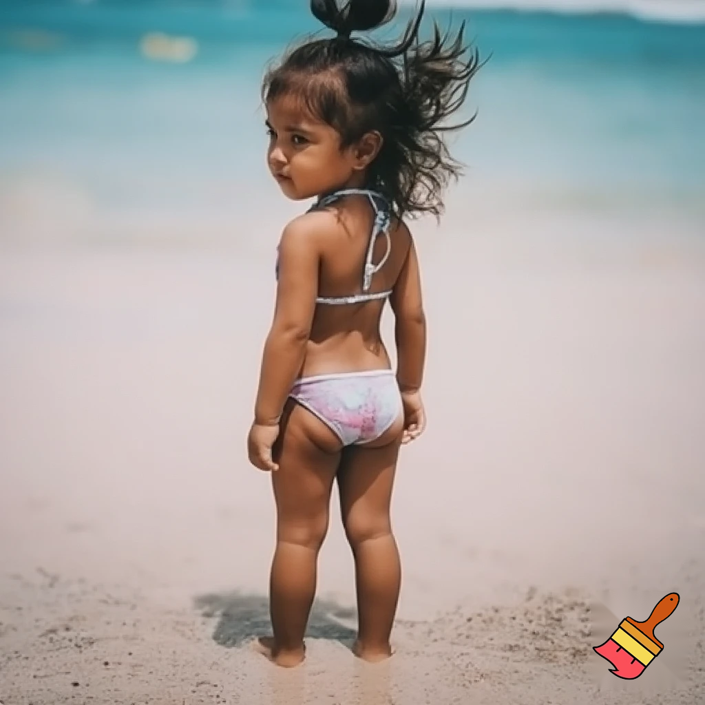 Cute girl in bikini from fac3 towarss camera and body backwards