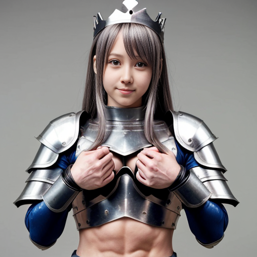 cute anime girl, huge muscles, she is a knight, she wears metal gauntlets, metal greaves and shoulder pads, she has a breastplate, her defined abs are exposed as well her upper arms, she has a tiara that has crown features
