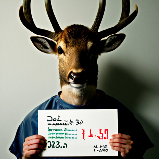 picture of a mugshot deer, with scars, serious face holding a number board
