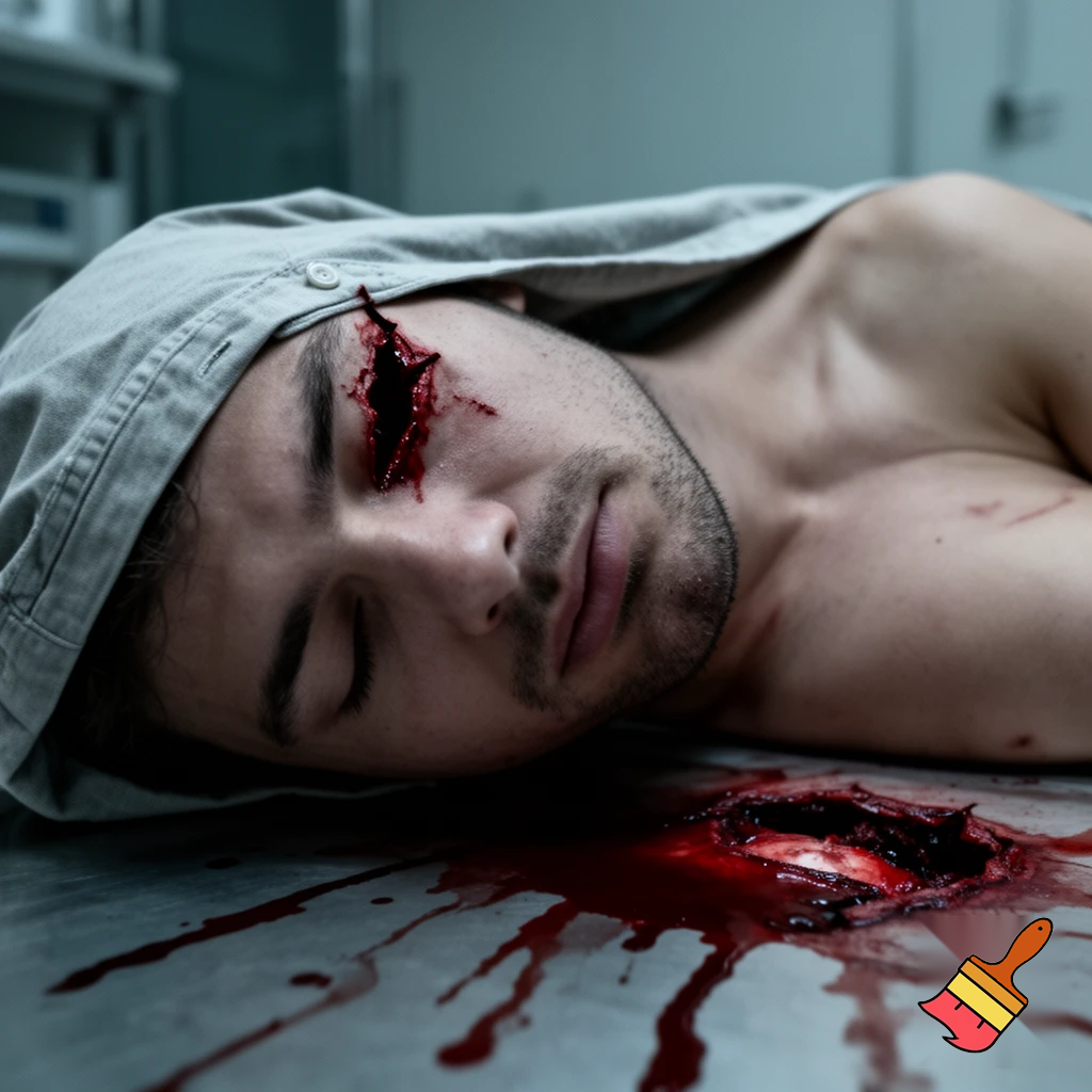 A shirtless man, face are hiding by shirt with cut on eye part, died, chest open wounded, blood everywhere, eye closed.