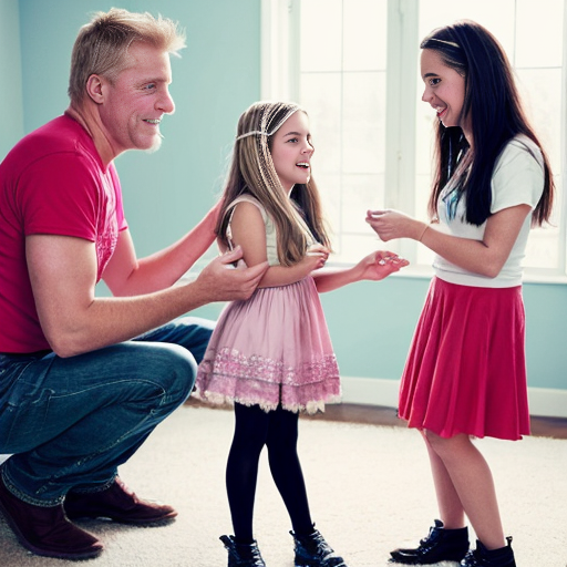 Genera la imagen real de cuatro niñas rubias de 11 años vestidas sin ropa  jugando con su papa