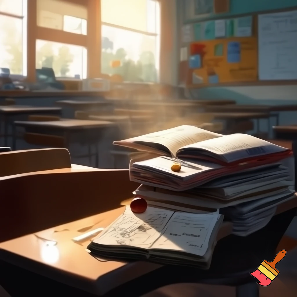 school background of a teacher desk view of someone (the cameraman ) standing in front of the desk no chair