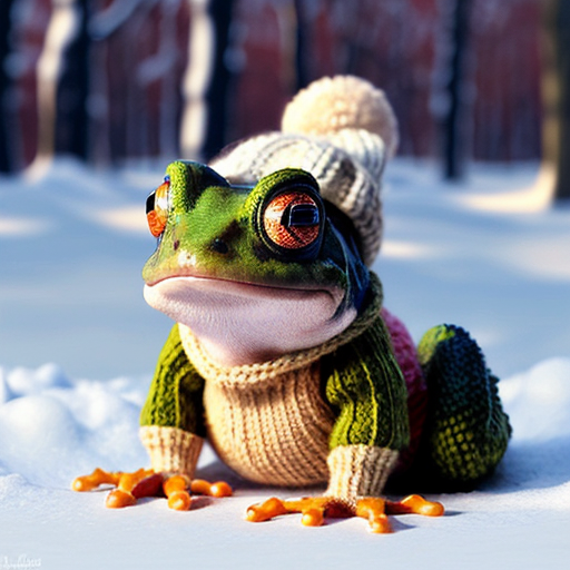 A laughable, puzzled animal toad in woolen, multicoloured winter clothings with woolen winter cap. Hyperrealistic art style.