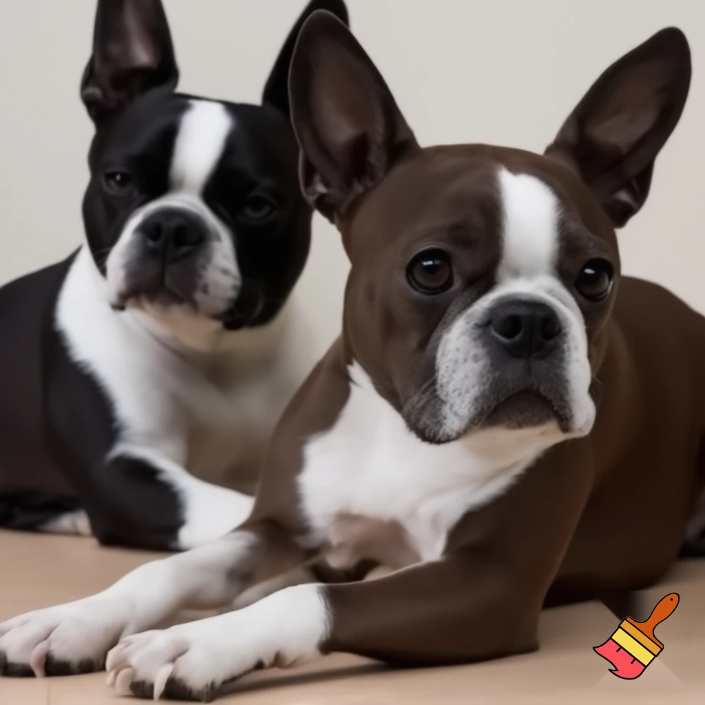 two boston terriers, one black and white and one brown and white
one laying down and the other sittibg behind them
