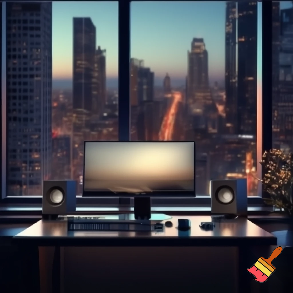 Computer with speakers in front of a city view window 