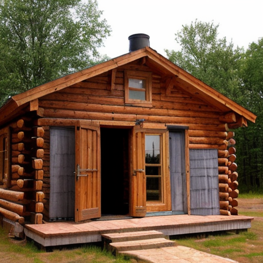 a cabin made of  bricks with a row of smokestacks on top so it looks like a small factory with a vault door instead of a regular door