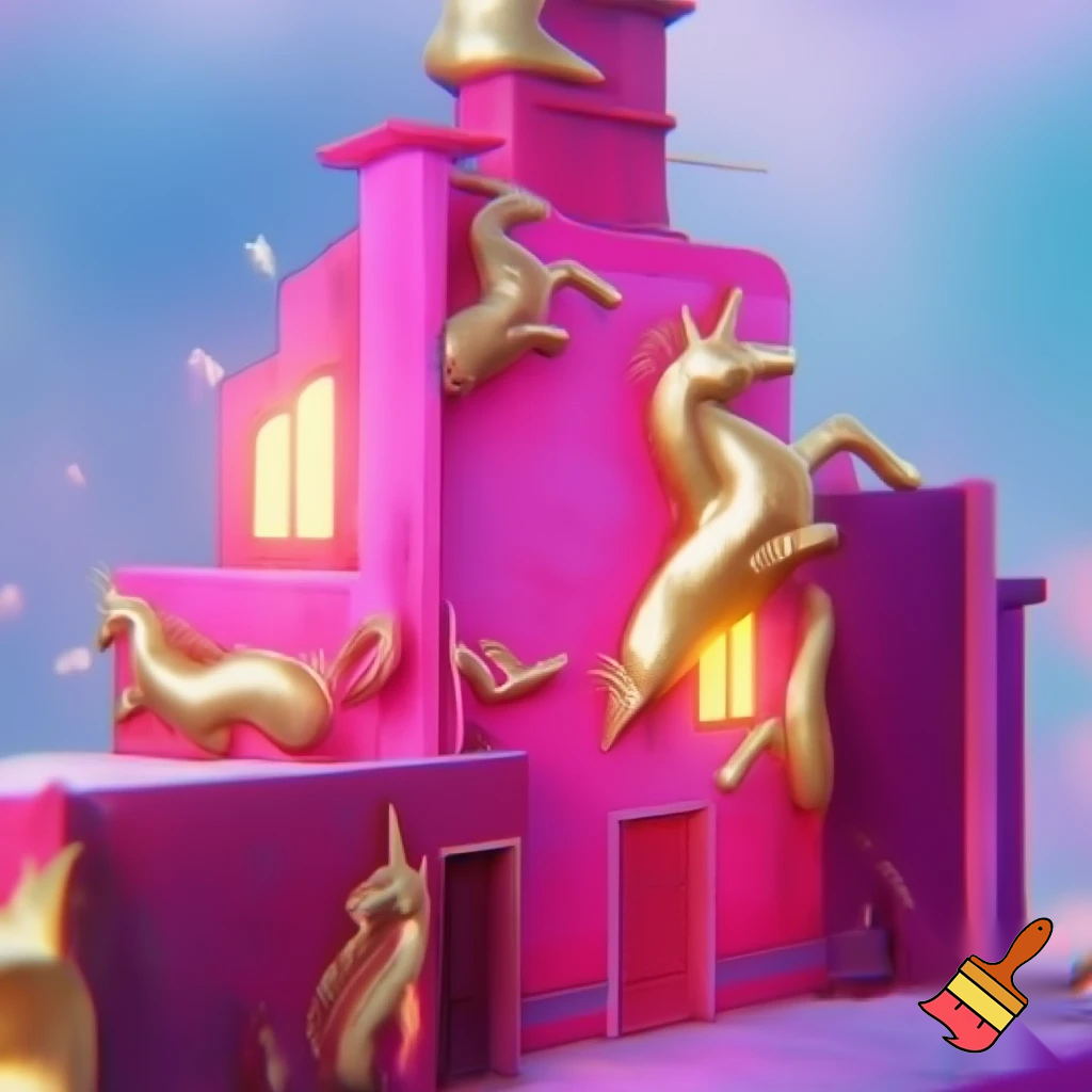 building with walls painted bright pink and magenta with golden unicorn motifs 