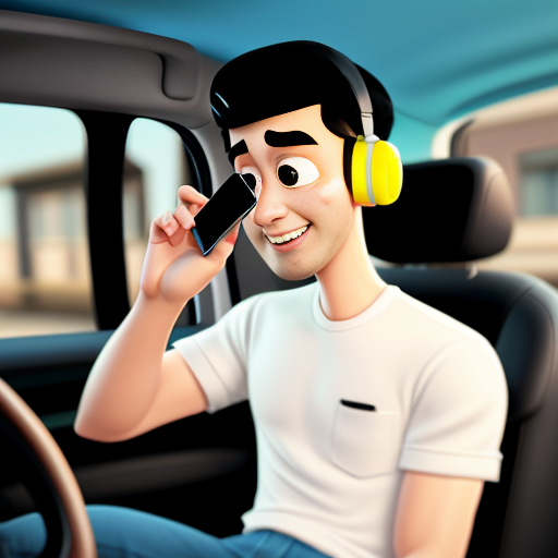 Pixar-style 3D cartoon, young Muslim man, 20 years old, beard, short hair, white shirt, black jeans, sitting in a car at the driver's seat, holding phone to his ear, looking at the road, attentive, no headphones or other gadgets, big expressive cartoon eyes, friendly face, city visible through car windows, bright friendly colors, cinematic lighting, simple cartoon style