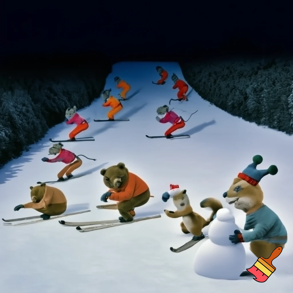 Drawing in old cartoons style. Every object is distinctive. Hares in ski suits are skiing on a snow-covered slope with dense forest on the edges. Next to them foxes in ski suits are skiing on a snow-covered slope with dense forest on the edges. Next to them bear cubs in winter clothes are making a snowman on a snow-covered slope with dense forest on the edges. Next to them squirells in winter clothes are playing with snowballs on a snow-covered slope with dense forest on the edges at dark night