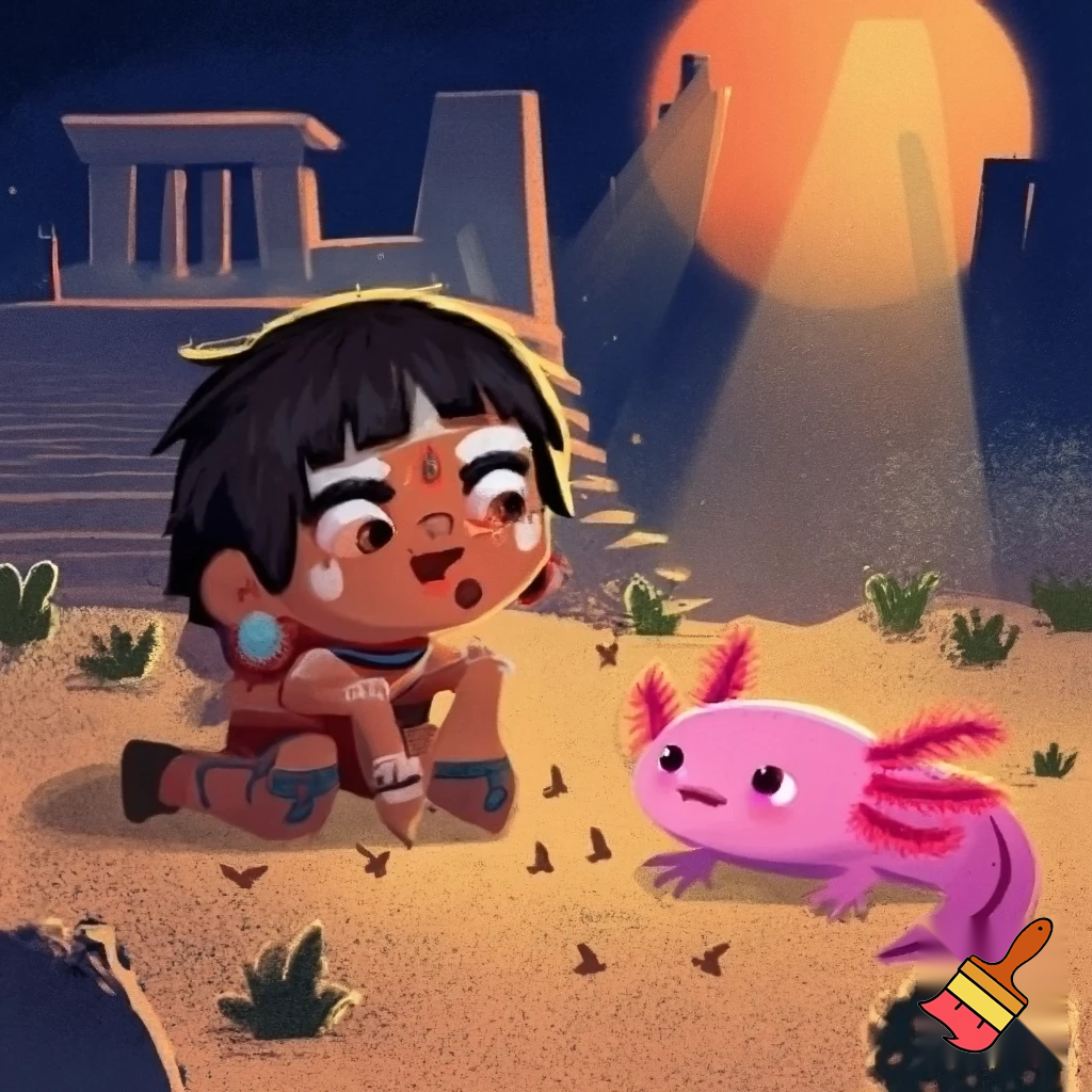 an Aztec boy playing eating ants and an axolotl 