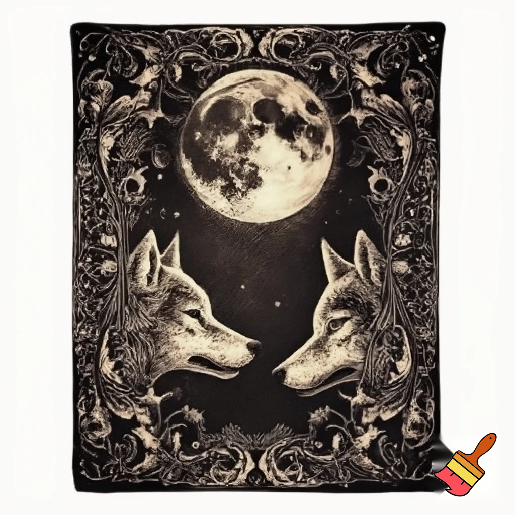 A gothic vintage illustration design for a blanket. A large, intricately detailed full moon with deep visible craters dominates the top center, casting a dramatic presence. Below it, two realistic wolf heads face each other in profile, illustrated in a dark sepia and black fine-line engraving style with sharp linework and intense shading. Surrounding the scene is an ornate gothic border featuring baroque scrolls, thorny vines, wilted roses, crescent motifs, and small occult-style stars. The overall palette remains limited to sepia, black, and cream, with a distressed aged-paper texture to enhance the antique gothic mood. Solid fills only — no gradients, no glow, no shadows, no modern effects. The final result should feel dark, mystical, ceremonial, and heavily gothic, perfect for a dramatic blanket design.