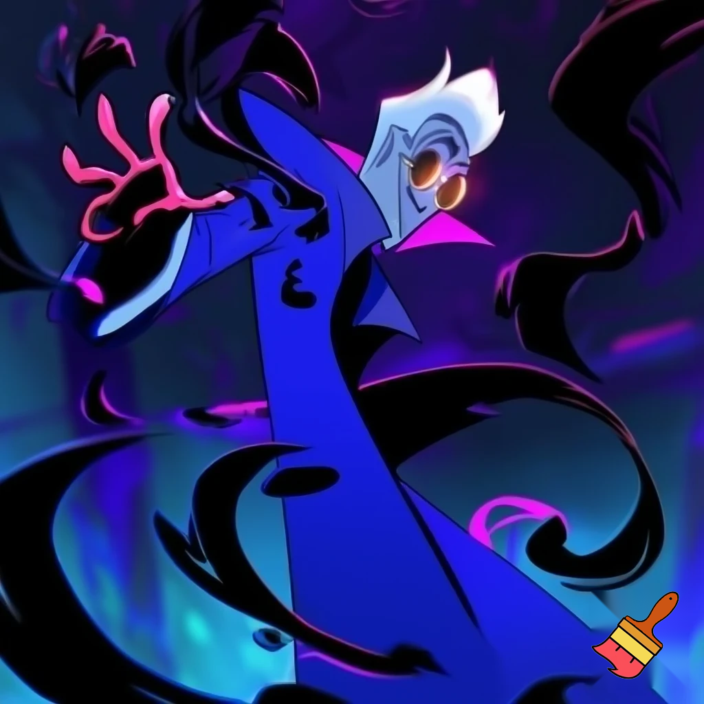 A tall, lean pale man with white hair, distinctive round brass glasses he has a stern look on his face. his face In cartoonish art style of hazbin hotel wearing his signature blue overcoat with black sinister smoke curling around him his hand reaching out, producing the black sinister smoke