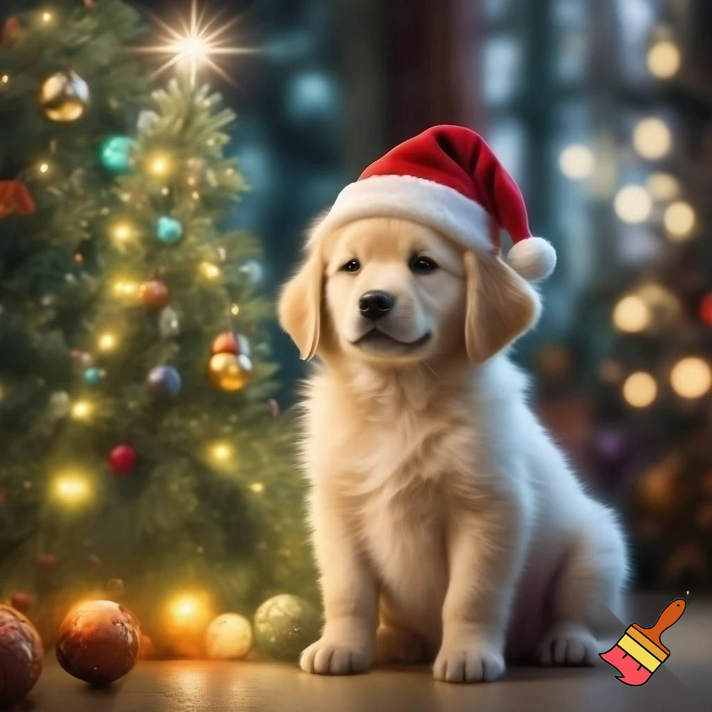 een witte golden retriever met een rode kerstmuts en een kerstboom