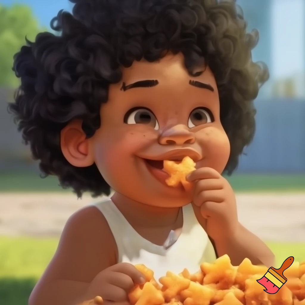 Dark skin colored kid with curly black hair in Disney animation style eating chicken nuggets shaped into stars