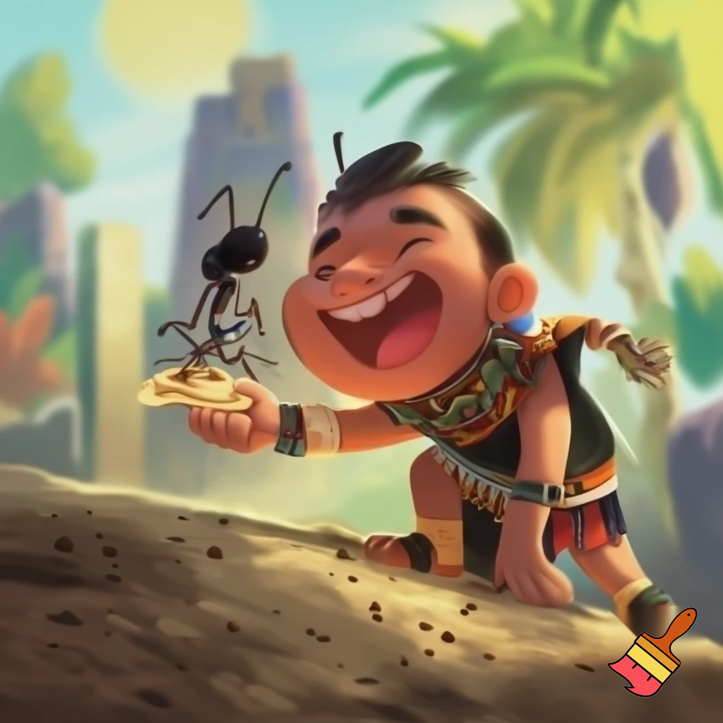 an Aztec boy playing eating ants out of an ant hill and putting them on a tortilla. and he is super happy its his favorite.
