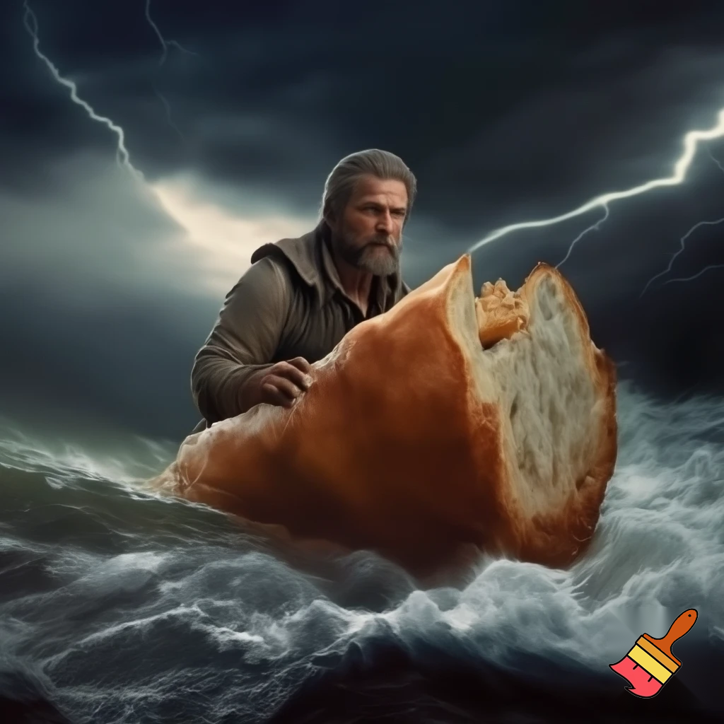 make a guy eating a breadie boat of loaf while he is getting bombed

