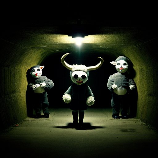 A 9:16 aspect ratio pic of 
Photorealistic found-footage flash photography of three uncanny puppets in a dark concrete tunnel. Left: furry grinning demon with horns. Center: pale, blank-faced puppet in an oversized white military cap. Right: tall, grinning white puppet with hollow black eyes and a propeller beanie. Analog horror, heavy VHS grain, harsh camera flash, eerie green-blue tint, macabre, liminal space.