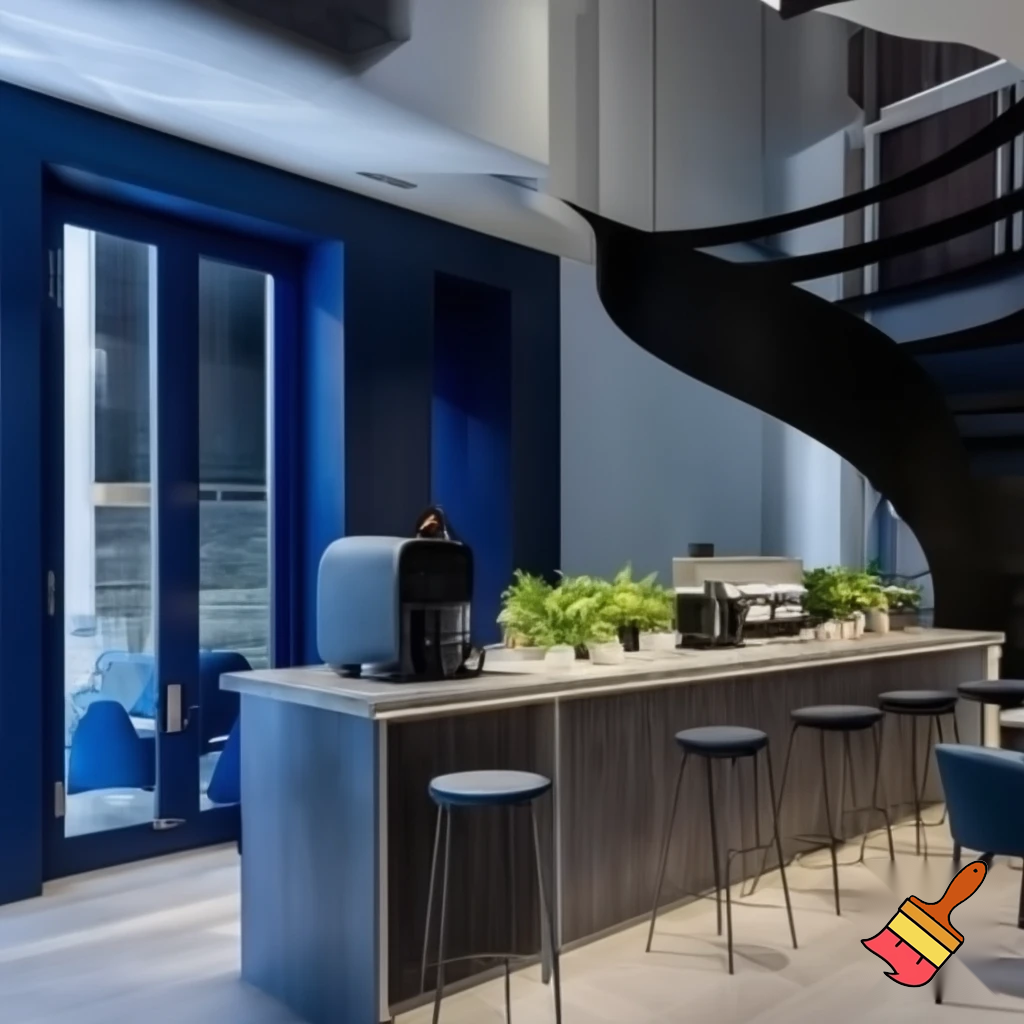 Create a modern coffee shop with strong architectural and engineering influence, with midnight blue doors with glass, midnight blue lighting, grey wooden bar, with several stools, counter, with modern coffee maker, plants, cormfy blue chairs to sit on, a modern black twirl staircase