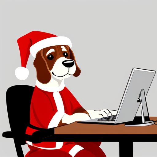 Create an image of an anthropomorphic dog sitting at a desk, working on a computer. The dog is smiling and wearing a red Santa hat. 9:16