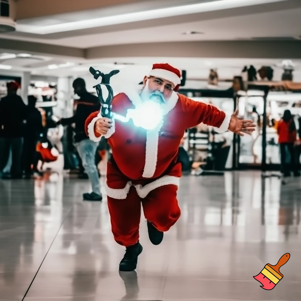 Santa Claus running with the walking stick running with his magic walking stick walking in the shopping centre with the walking stick magic staff walking stick affectation the police are on the way the police elf on the shelf the naughty Santa Claus