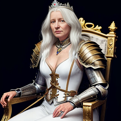 Tall, white-haired Queen of Poland in armor sitting on a throne