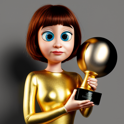 the emotion proud one person gold holding trophy Pixar cartoon style gold skin big eyes happy pretty 