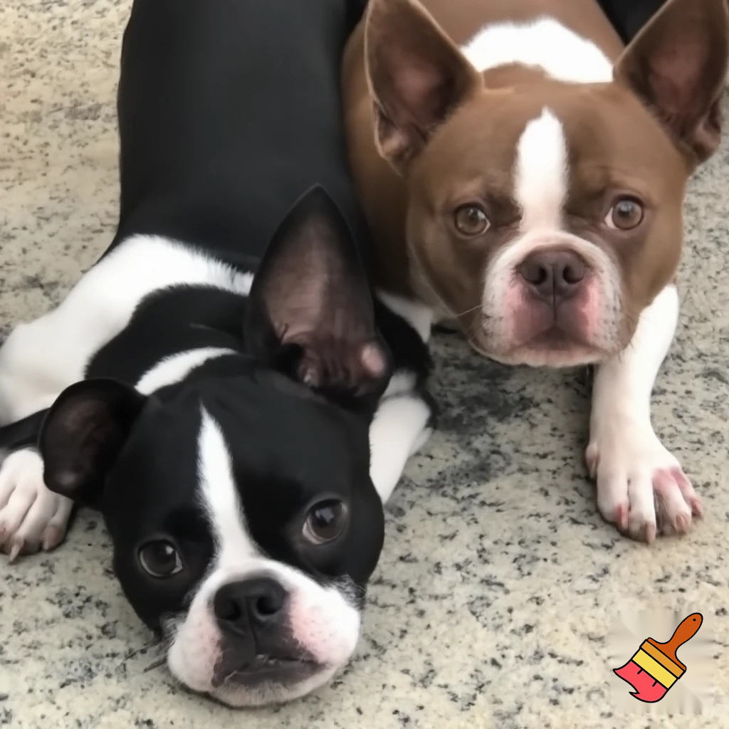 two boston terriers, one black and white and one brown and white
one laying down and the other sittibg behind them

