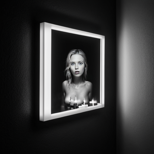 creates an image of a room in complete darkness; on the wall there is a mirror where you can see a woman holding a candle; black and white images in a photographic and hyperrealistic style